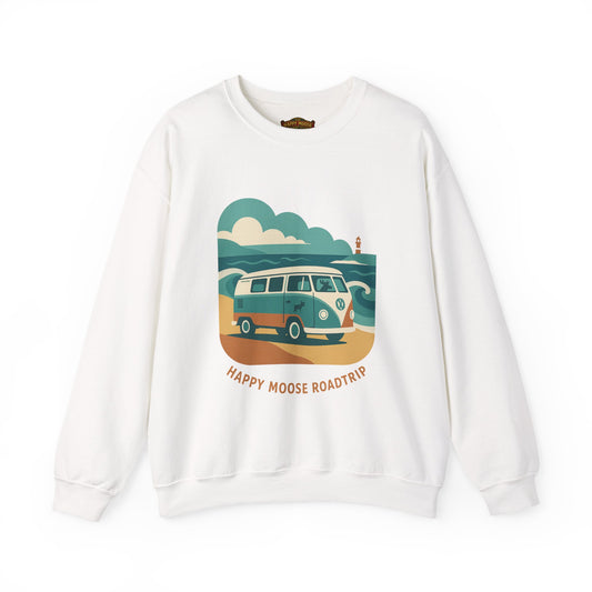 Road Trip Crewneck Sweatshirt — "Happy Moose Roadtrip" Vintage Van Graphic
