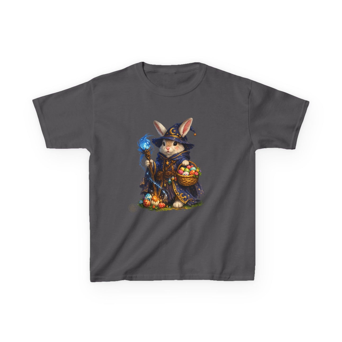 Kids Wizard Bunny T-Shirt — Cute Magic Rabbit with Staff & Basket of Treats