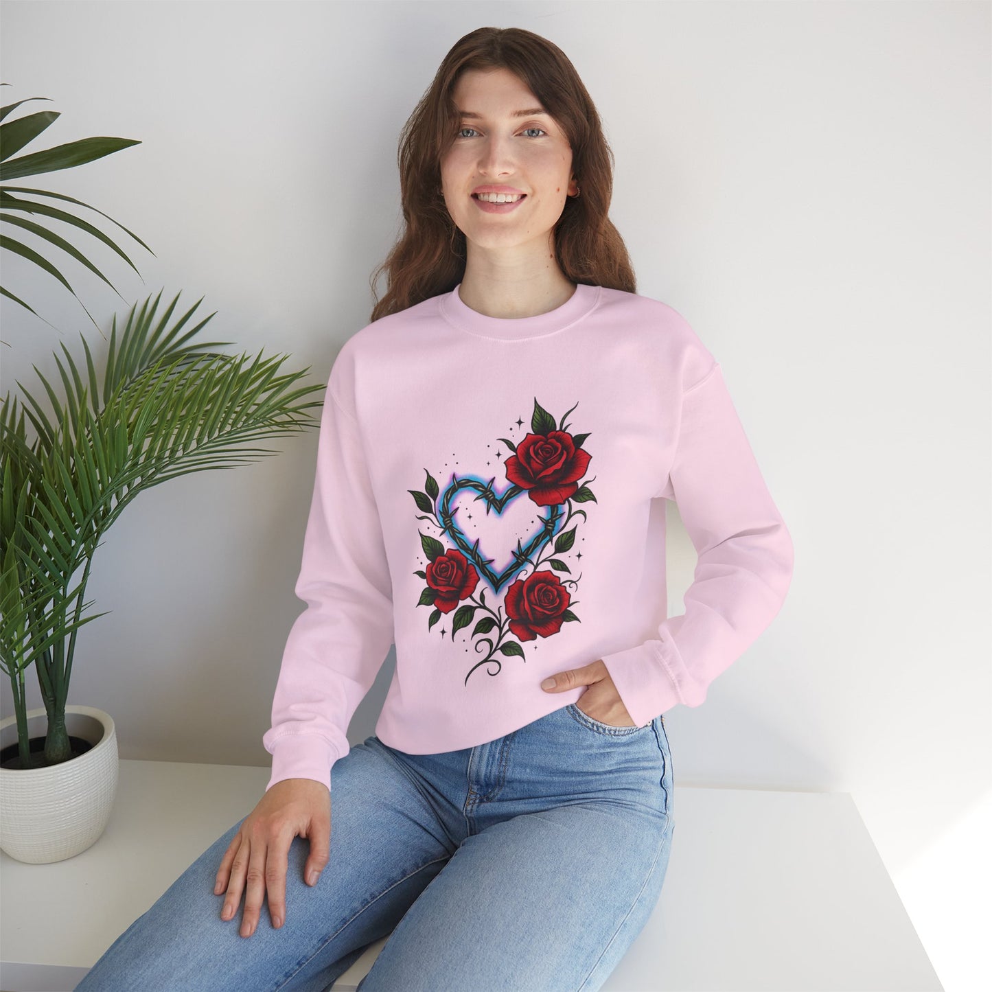 Heart & Roses Crewneck Sweatshirt — Gothic Floral Heart Design