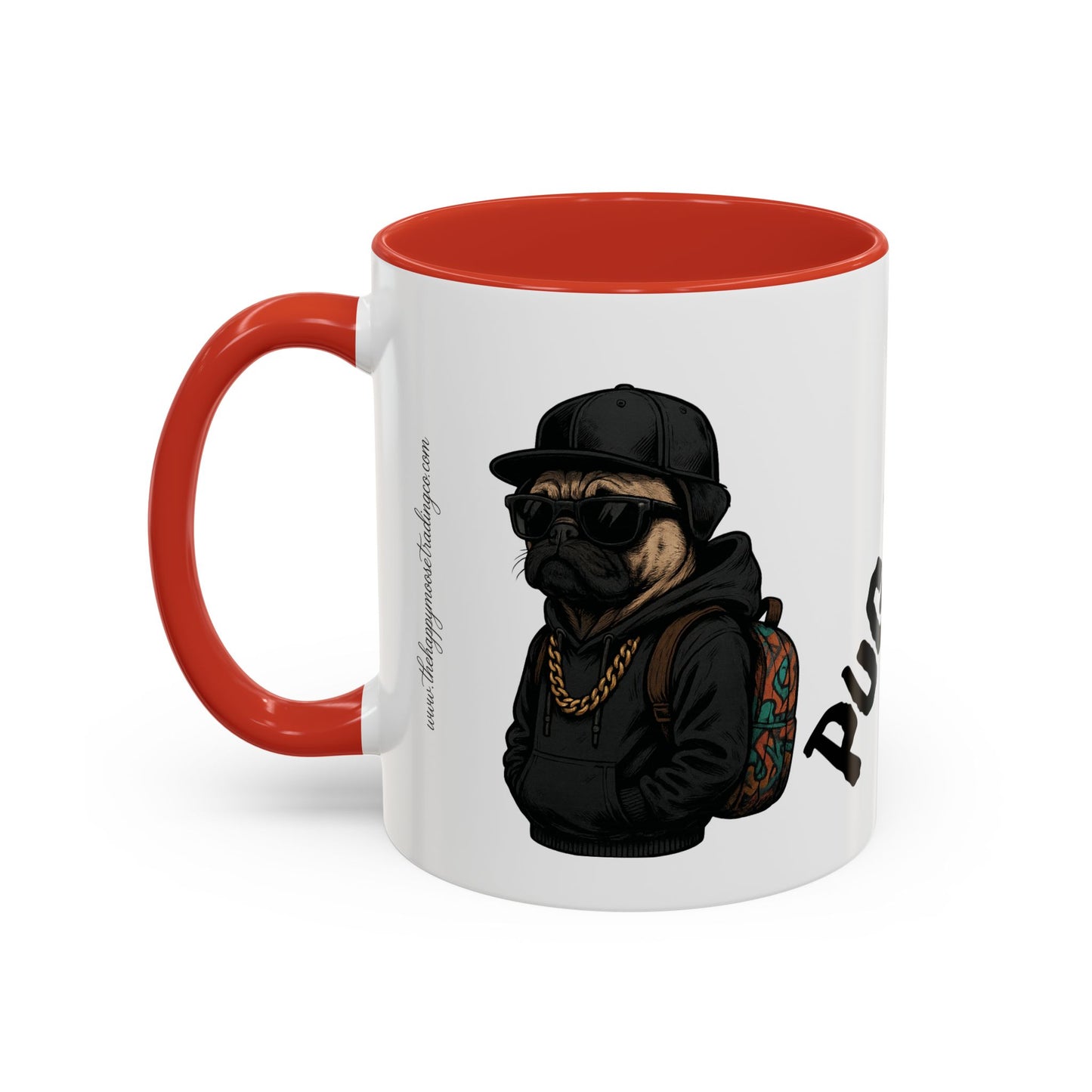 Pug Mug — Red Accent Coffee Mug with Hipster Pug Illustration (11/15oz)