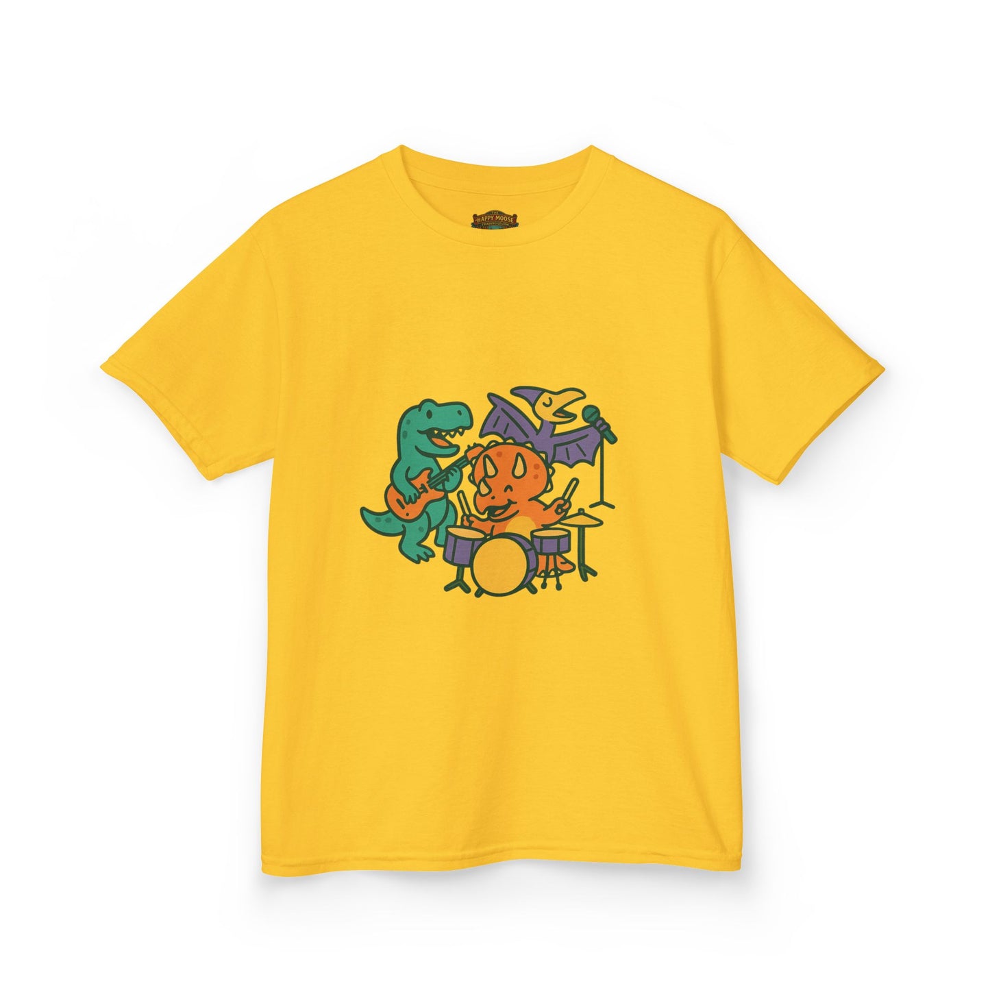 Kids Dino Band T‑Shirt — Cute Cartoon Dinosaur Drummer Tee for Boys & Girls