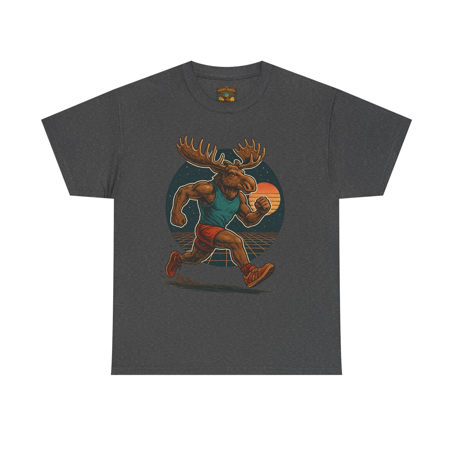 Running Moose Graphic Tee - Retro Sunset Jogging Animal Fitness Shirt