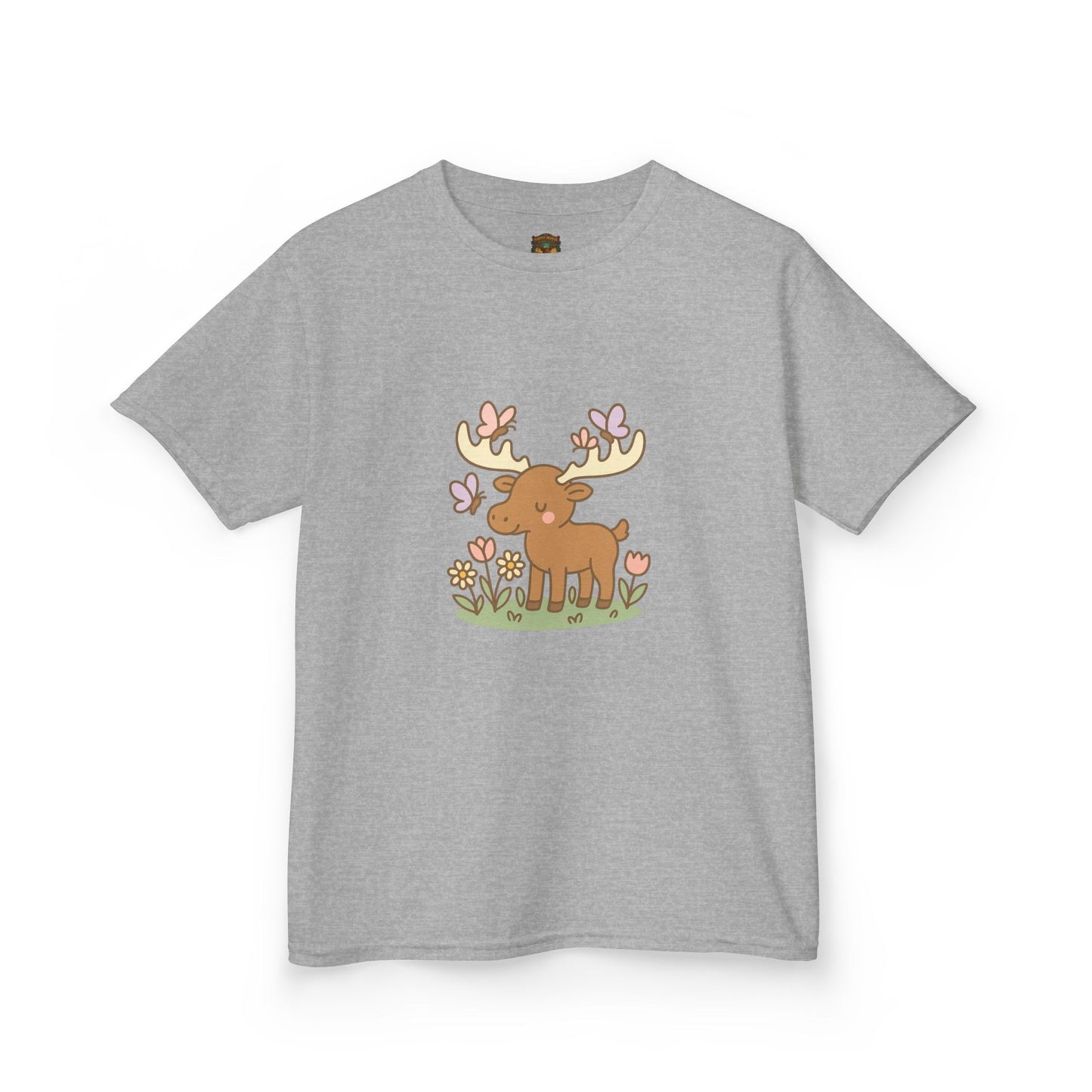 Kids T-Shirt — Cute Woodland Moose with Butterflies Kids Tee