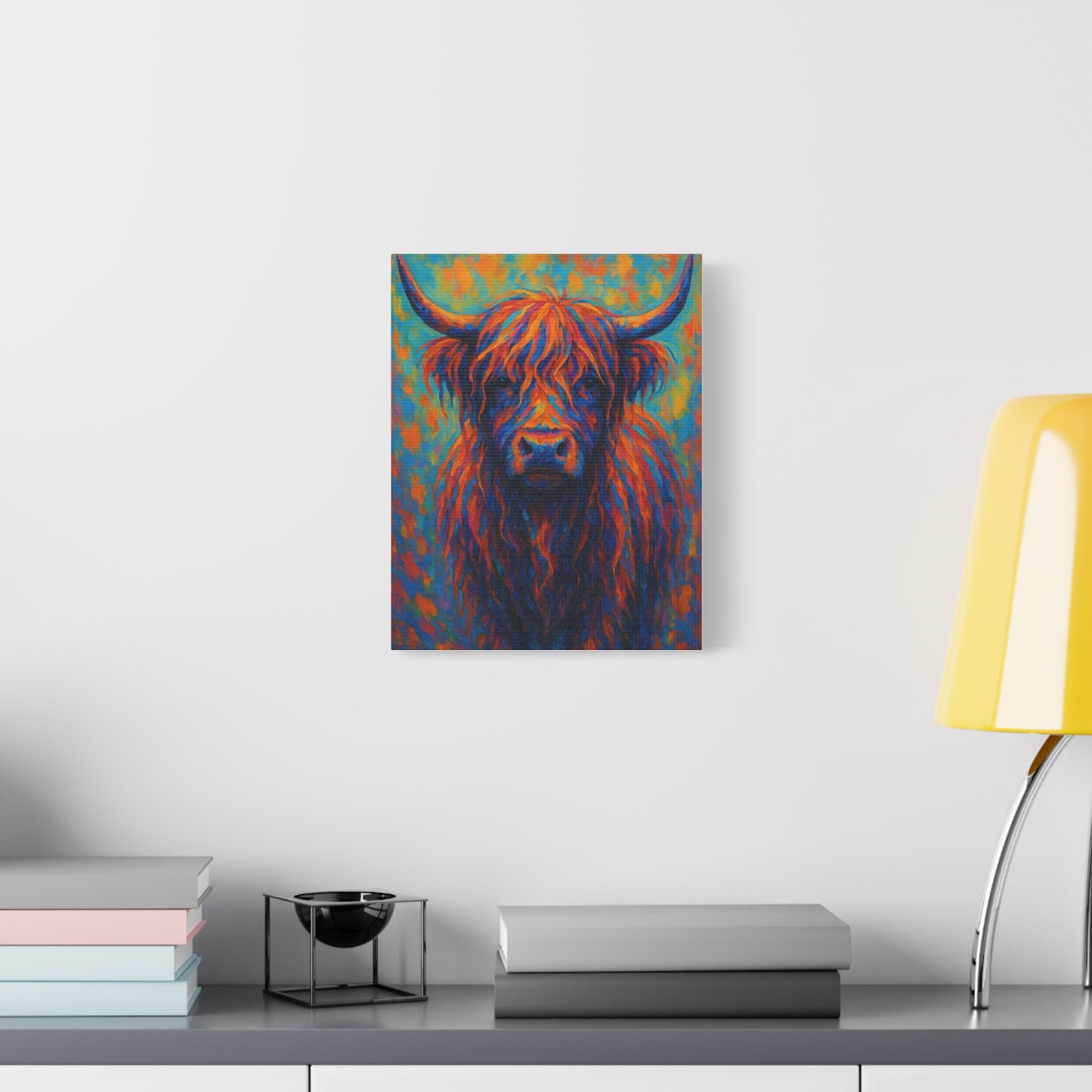 Colorful Highland Cow Matte Canvas Print — Vibrant Rustic Wall Art