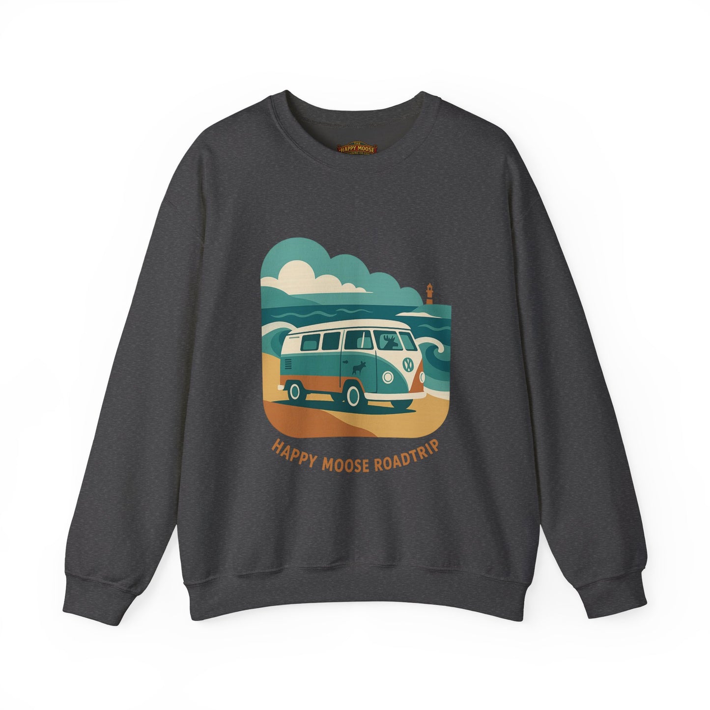 Road Trip Crewneck Sweatshirt — "Happy Moose Roadtrip" Vintage Van Graphic
