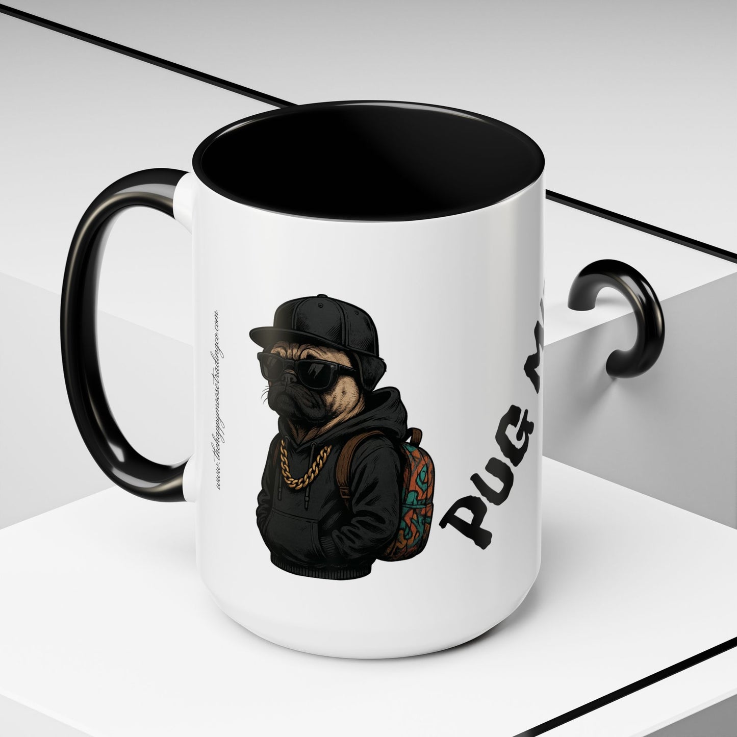 Pug Mug — Red Accent Coffee Mug with Hipster Pug Illustration (11/15oz)