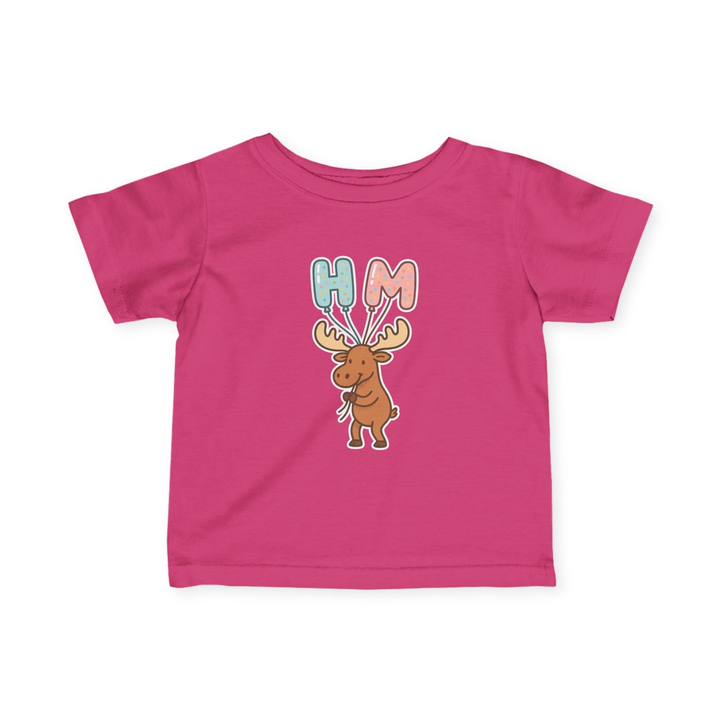 Baby Tee — Cute Moose Holding 'HM' Heart Balloons | Infant Graphic Shirt