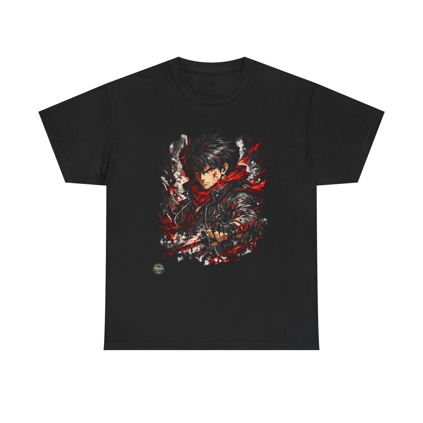 Anime Warrior Graphic Tee — Red Scarf Battle Art T-Shirt #E001