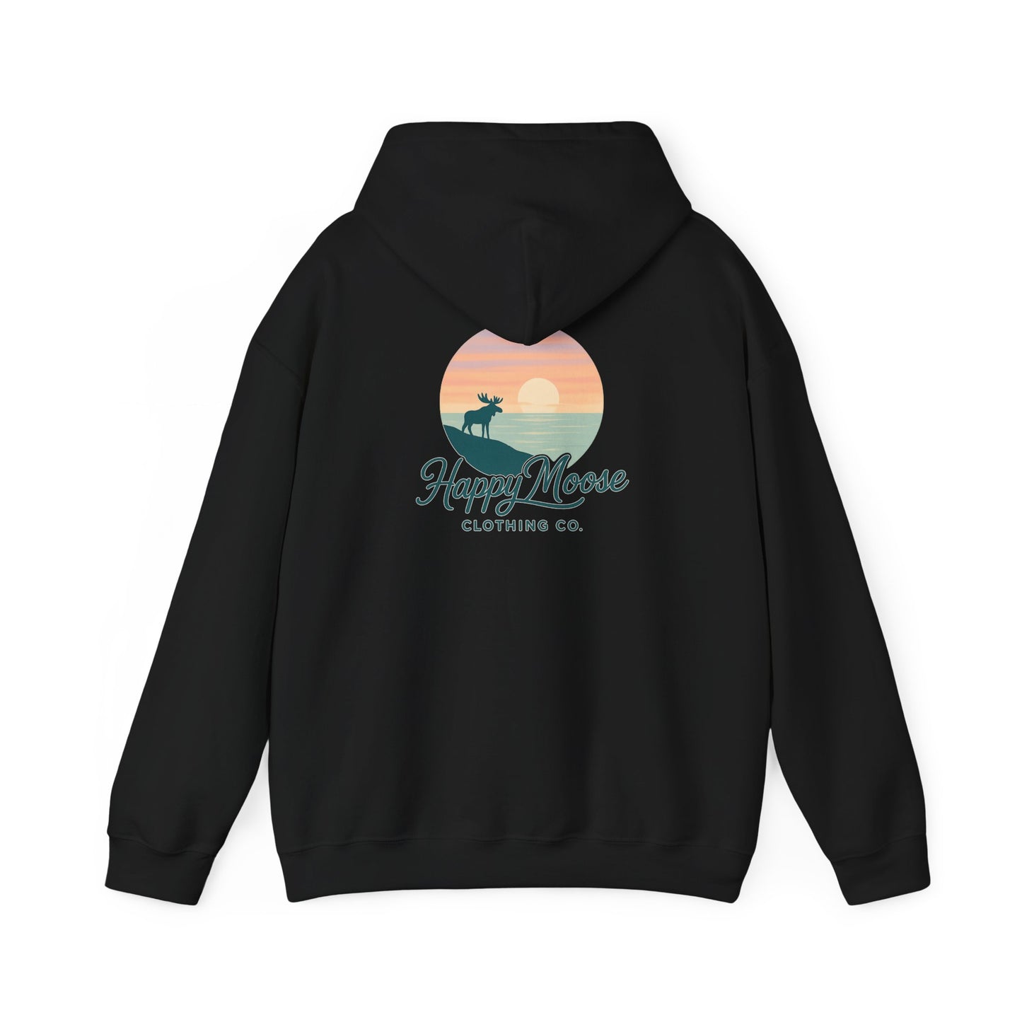 Happy Moose Hoodie — Sunset Lake Graphic Hooded Sweatshirt