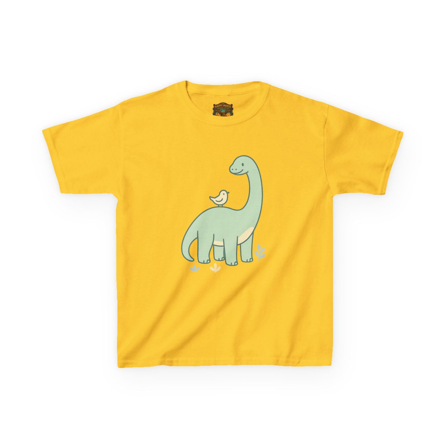 Kids Dino & Bird Tee — Cute Green Brontosaurus Graphic T‑Shirt