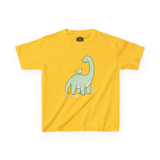 Kids Dino & Bird Tee — Cute Green Brontosaurus Graphic T‑Shirt