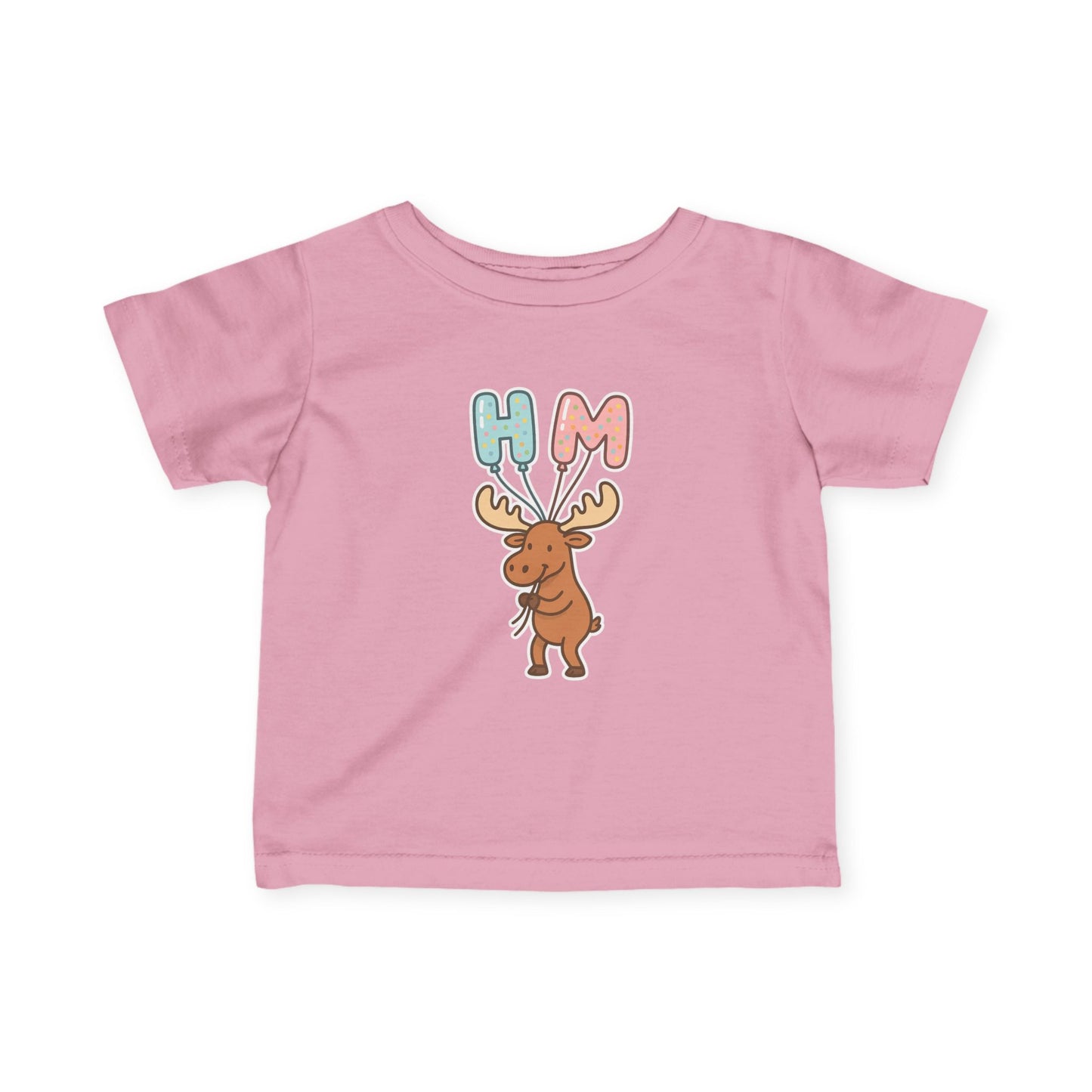 Baby Tee — Cute Moose Holding 'HM' Heart Balloons | Infant Graphic Shirt