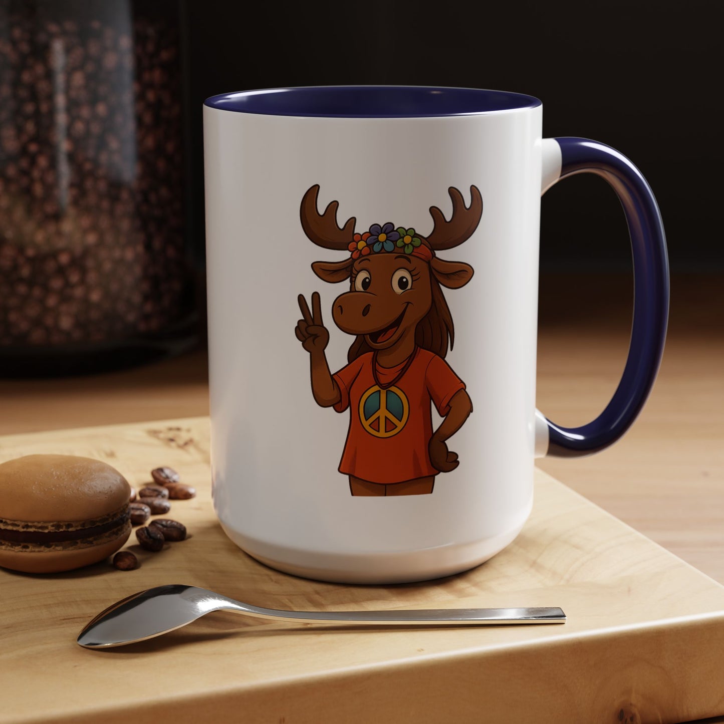 Peace Sign Moose Accent Coffee Mug — Hippie Moose with Flower Crown (11/15oz)
