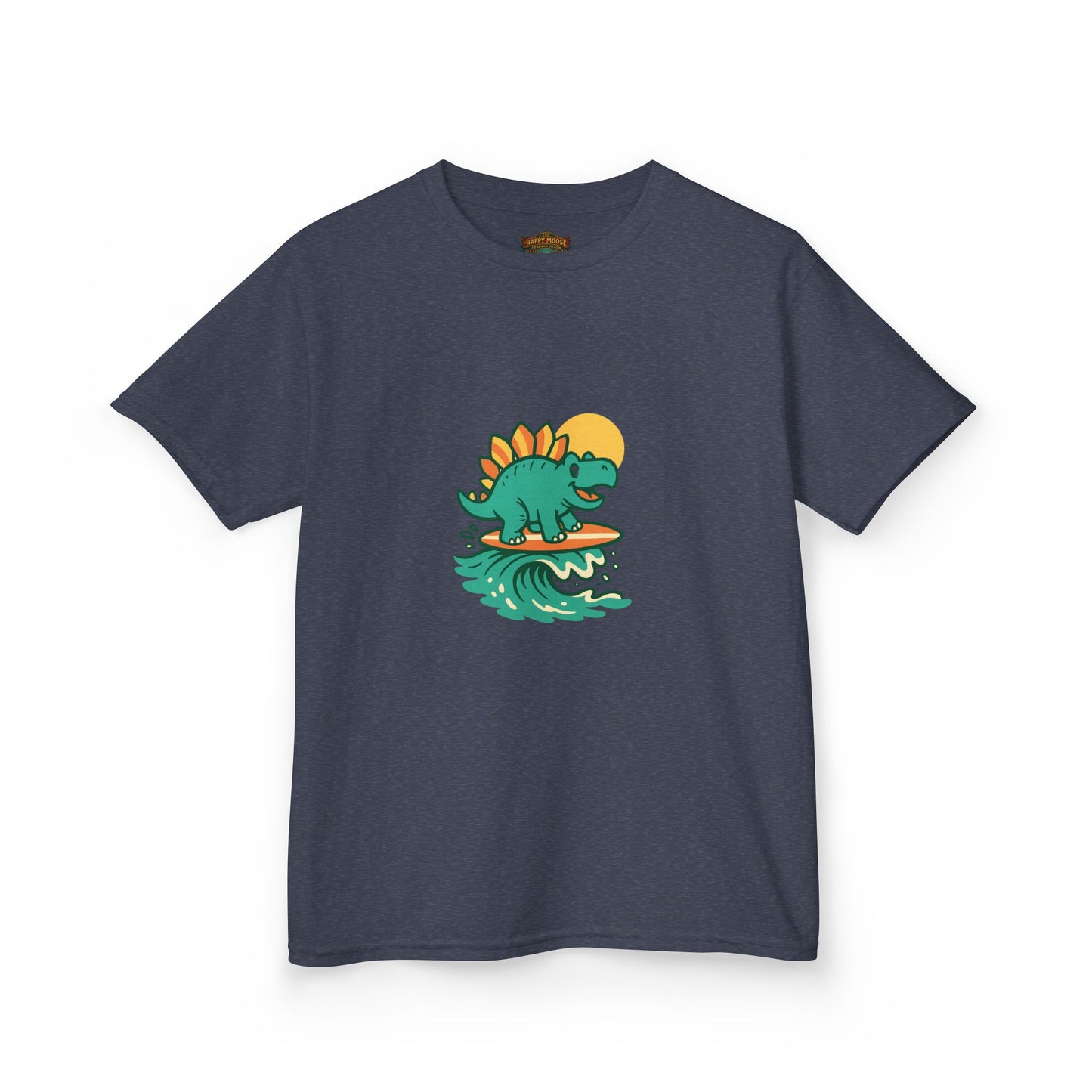 Kids Surfing Dinosaur T-Shirt — Cute Stegosaurus on Wave Graphic Tee