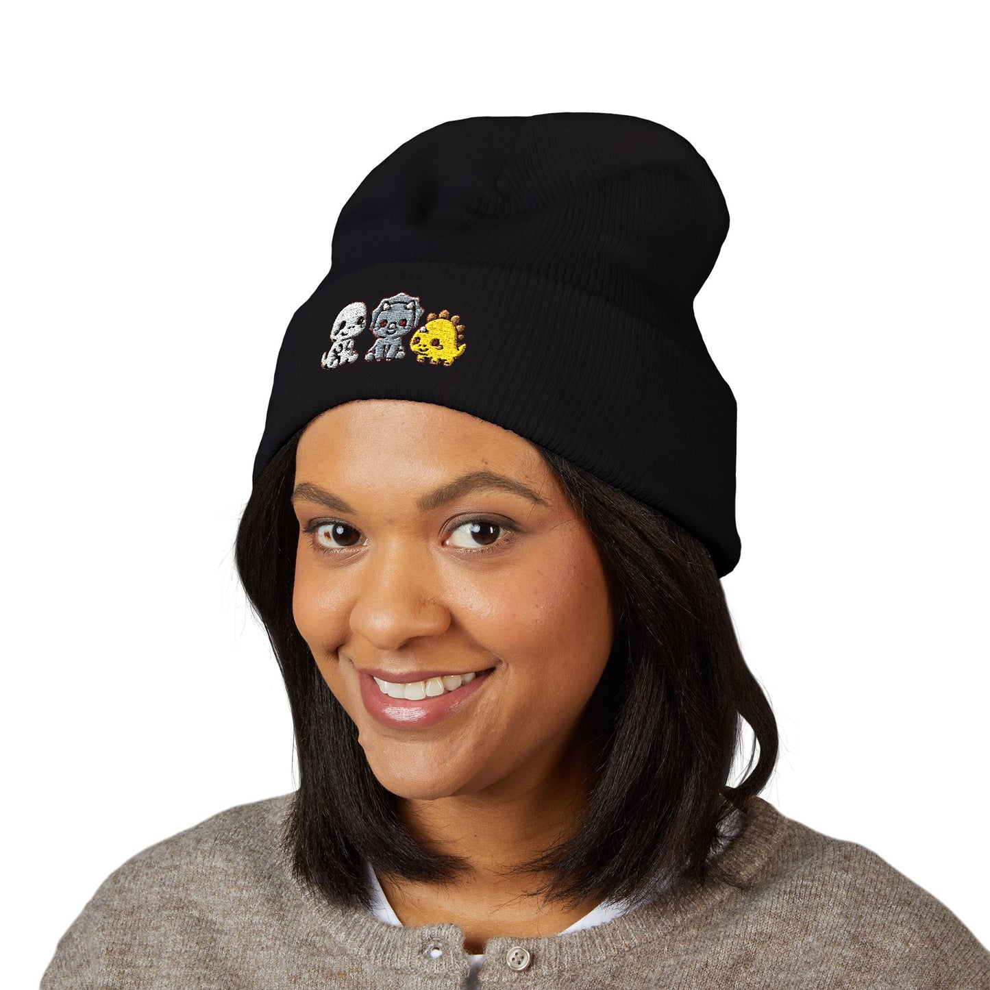 Embroidered Cute Character Cuffed Beanie — Trio Skull, Robot & Chick Winter Hat