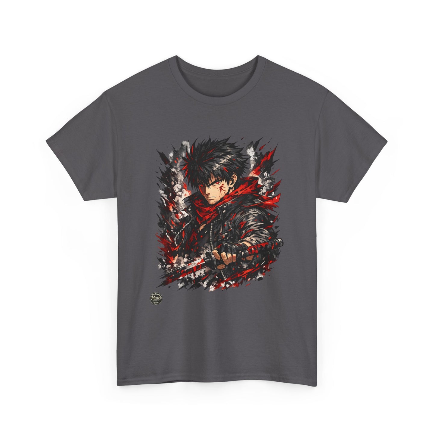 Anime Warrior Graphic Tee — Red Scarf Battle Art T-Shirt #E001