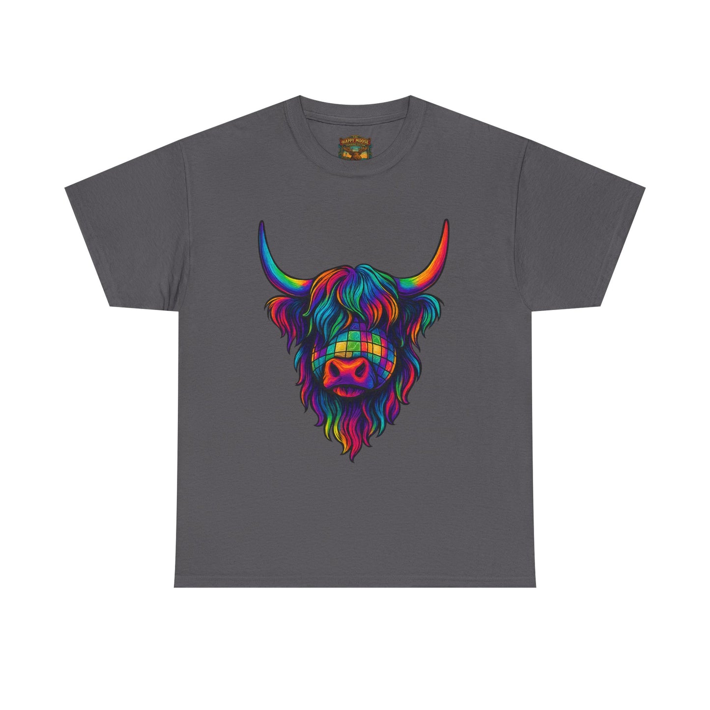 Highland Cow Graphic Tee — Colorful Psychedelic Scottish Highland Cattle T-Shirt