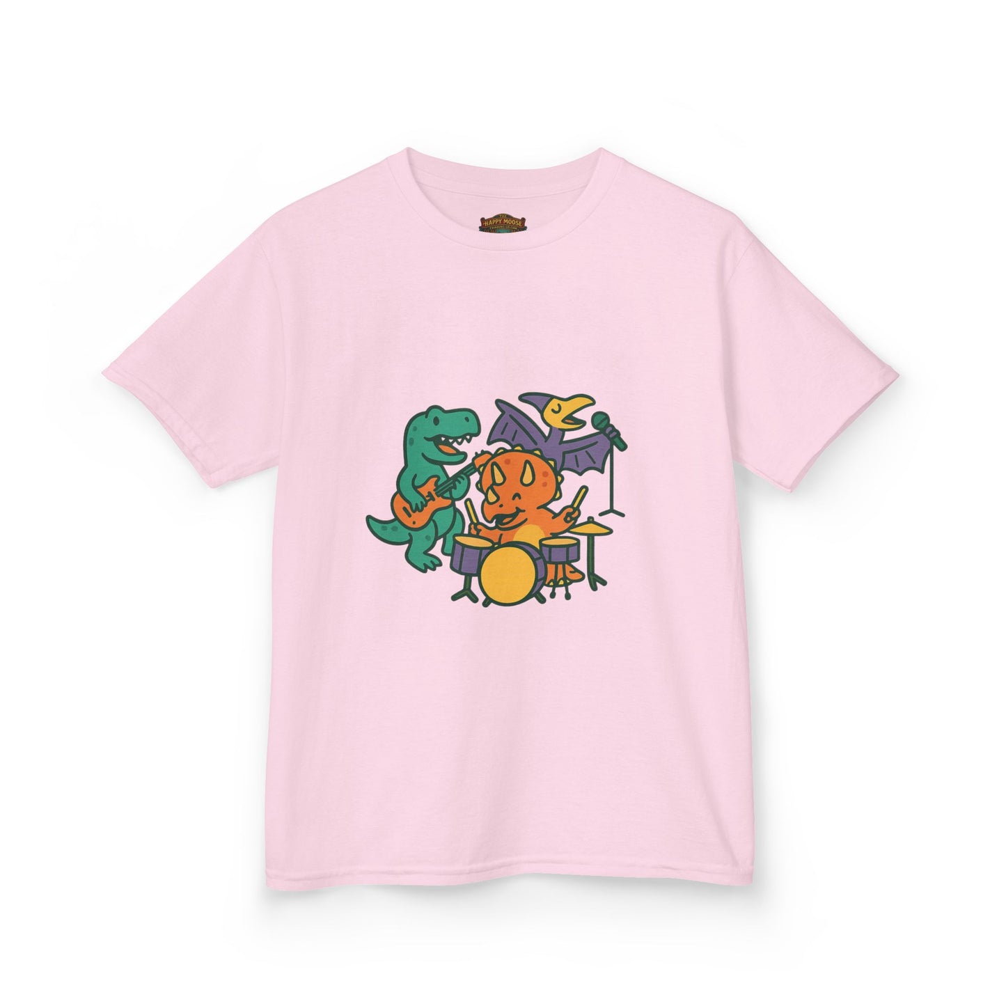 Kids Dino Band T‑Shirt — Cute Cartoon Dinosaur Drummer Tee for Boys & Girls