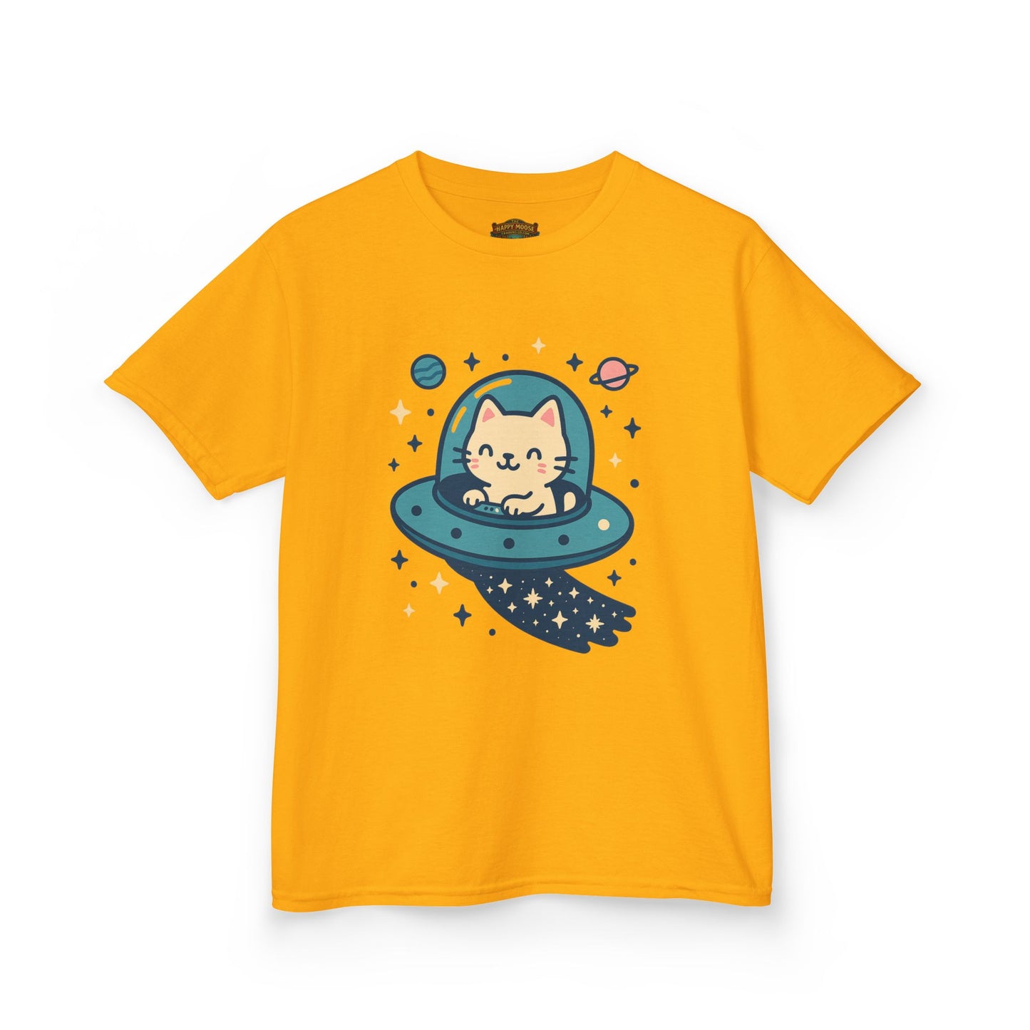 Kids Tee — Cute Cat in UFO Spacecraft Graphic
