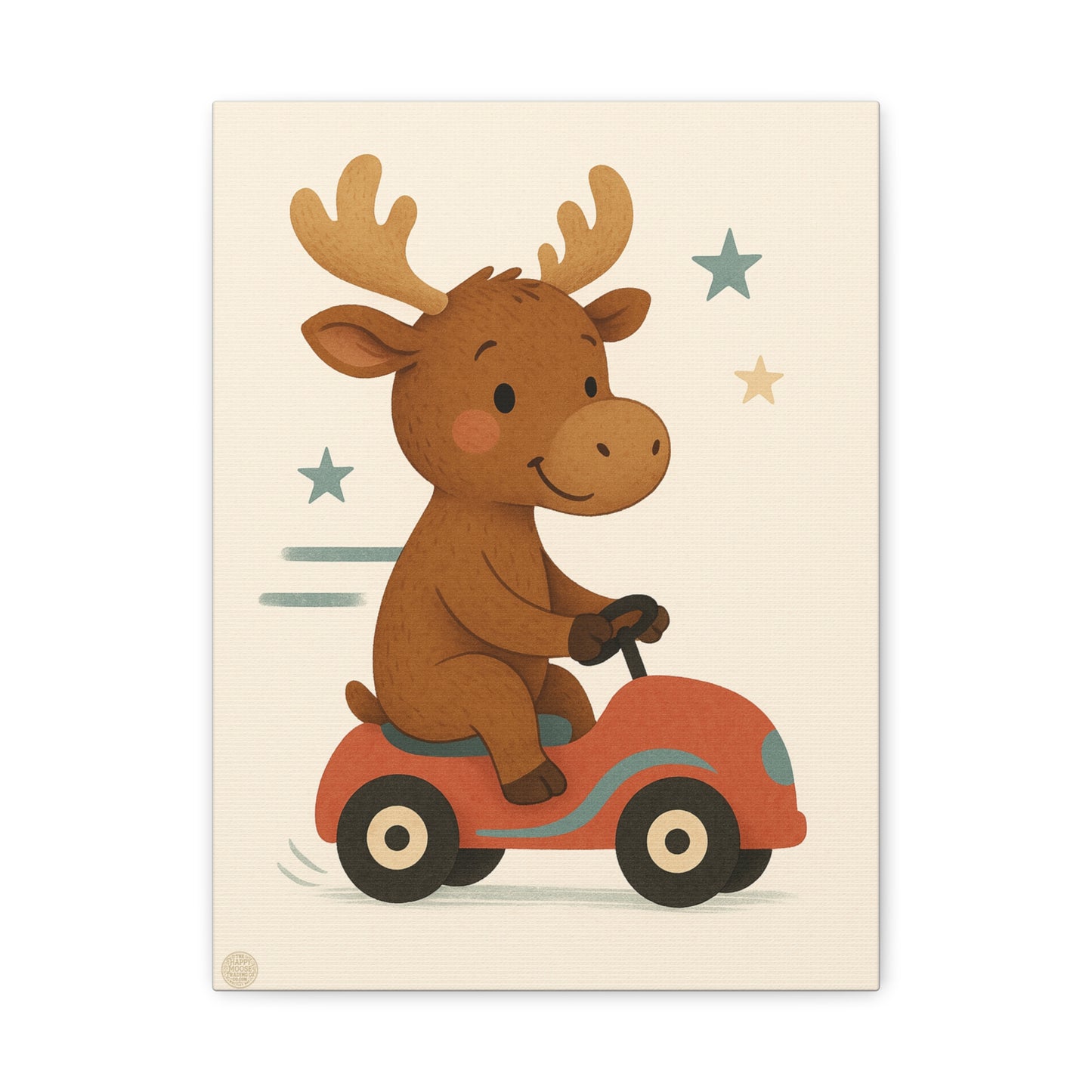 Cute Moose on Red Car Canvas Wall Art – Nursery Kids Decor