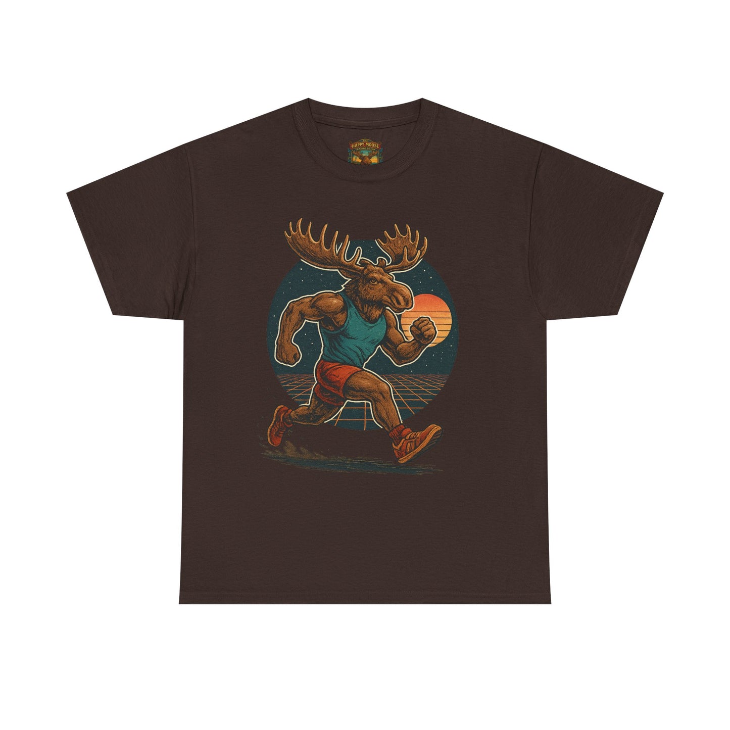 Running Moose Graphic Tee - Retro Sunset Jogging Animal Fitness Shirt