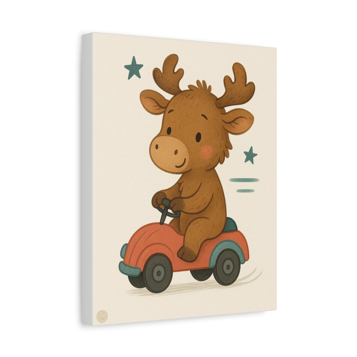 Cute Moose on Toy Car Canvas Print — Nursery Wall Art