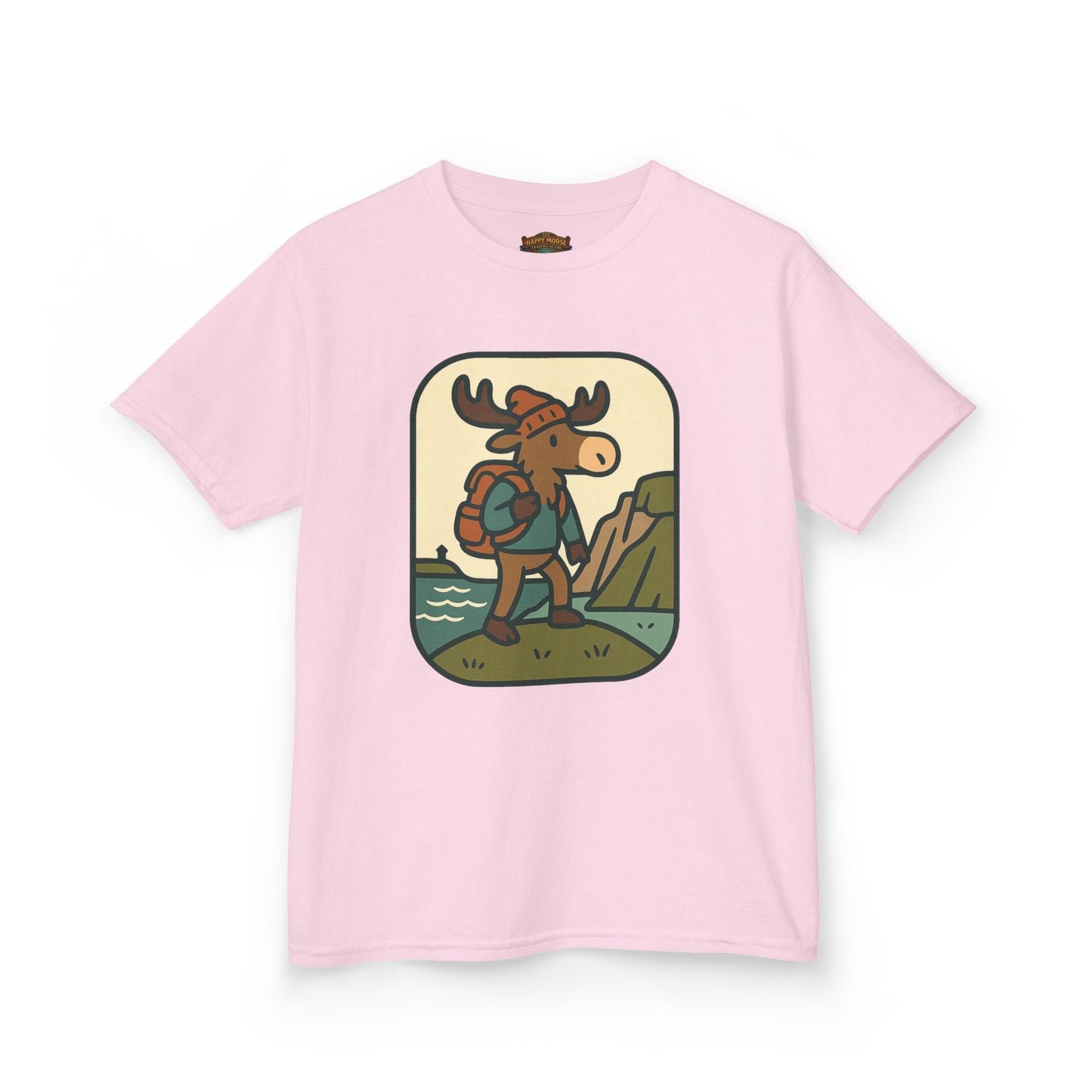 Kids Hiking Moose T‑Shirt — Cute Adventure Backpacker Tee for Boys & Girls