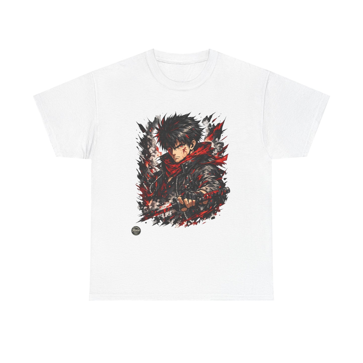 Anime Warrior Graphic Tee — Red Scarf Battle Art T-Shirt #E001