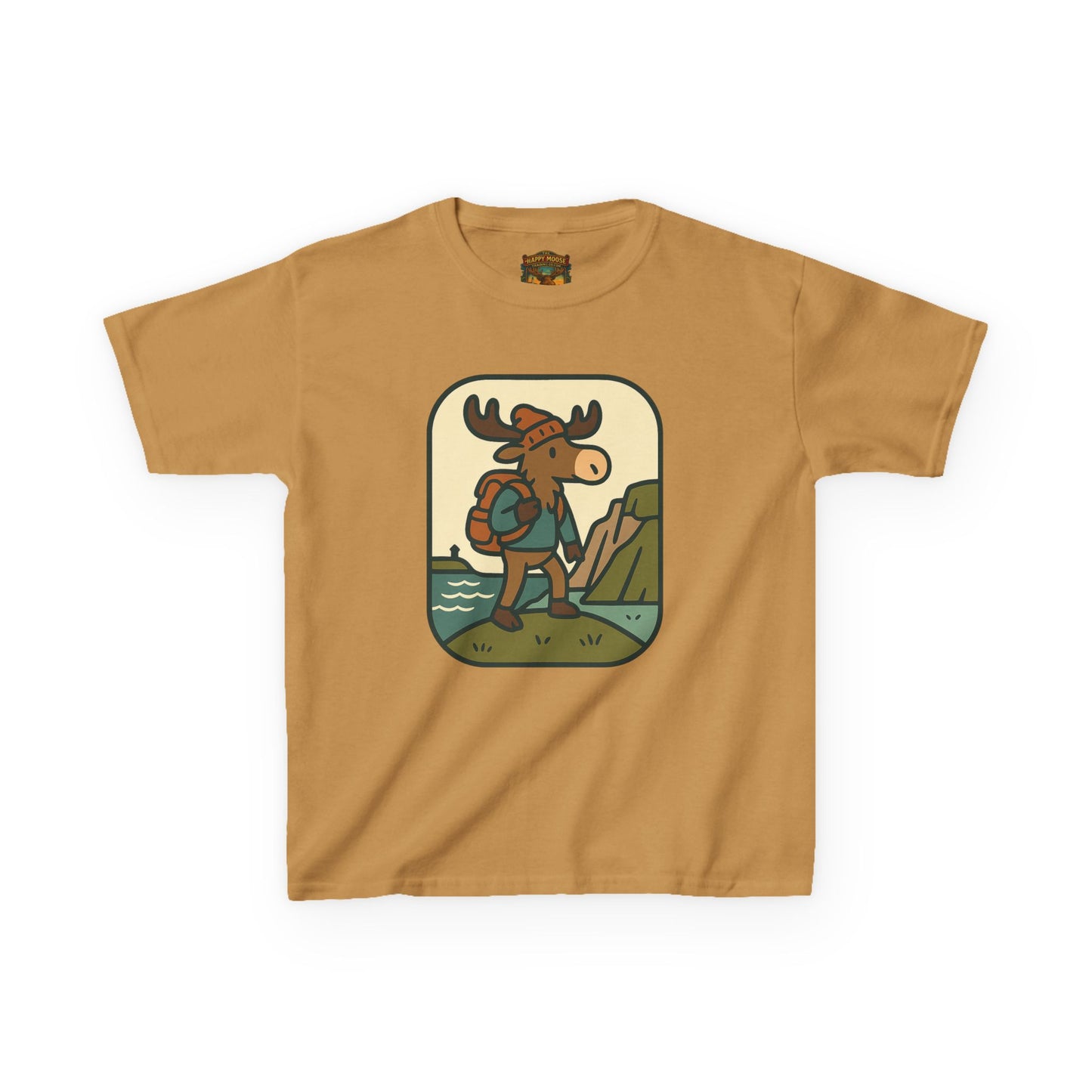 Kids Hiking Moose T‑Shirt — Cute Adventure Backpacker Tee for Boys & Girls
