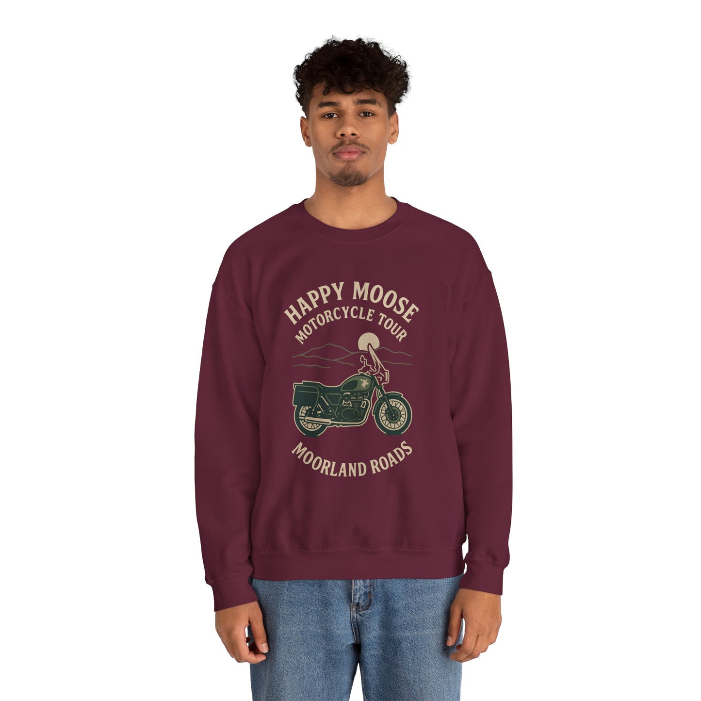 Motorcycle Crewneck Sweatshirt — "Happy Moose Motorcycle Tour" Vintage Bike Graphic