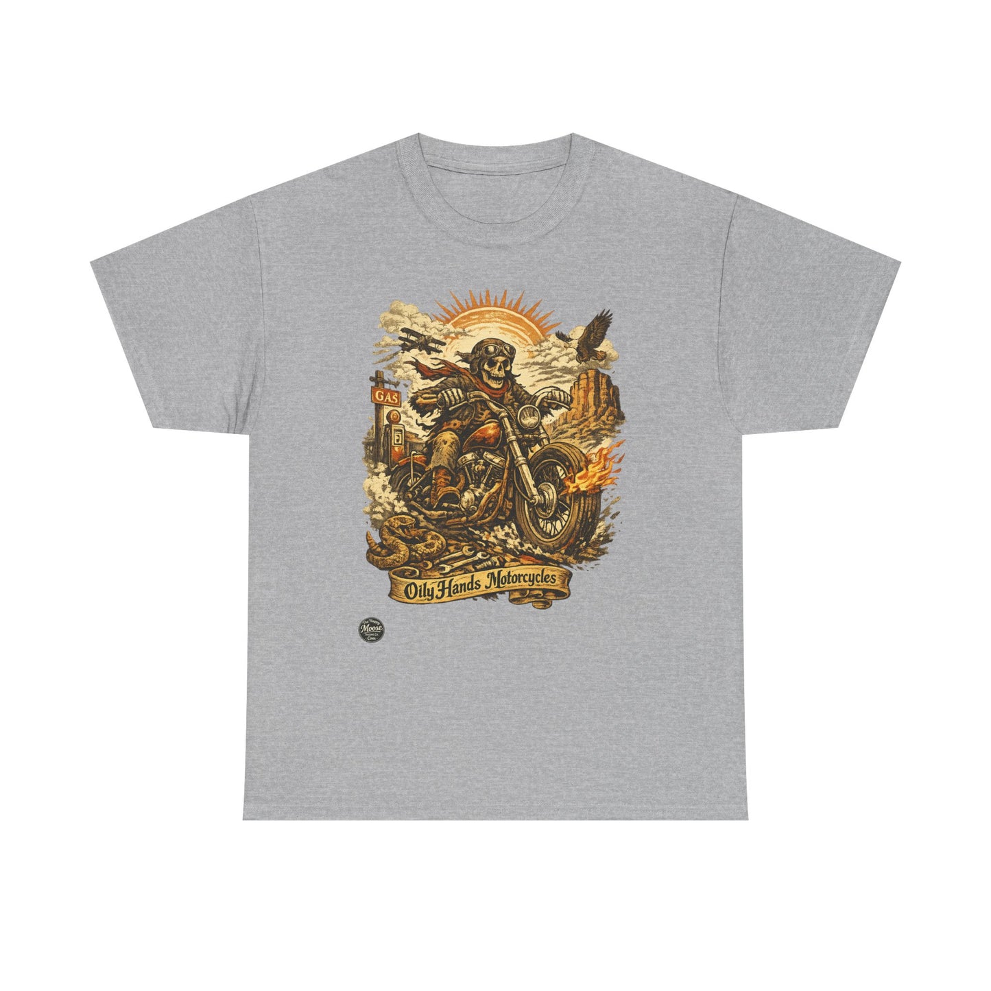 Oily Hands Motorcycle Skull Tee — Old Friends Vintage Biker T-Shirt #015 E