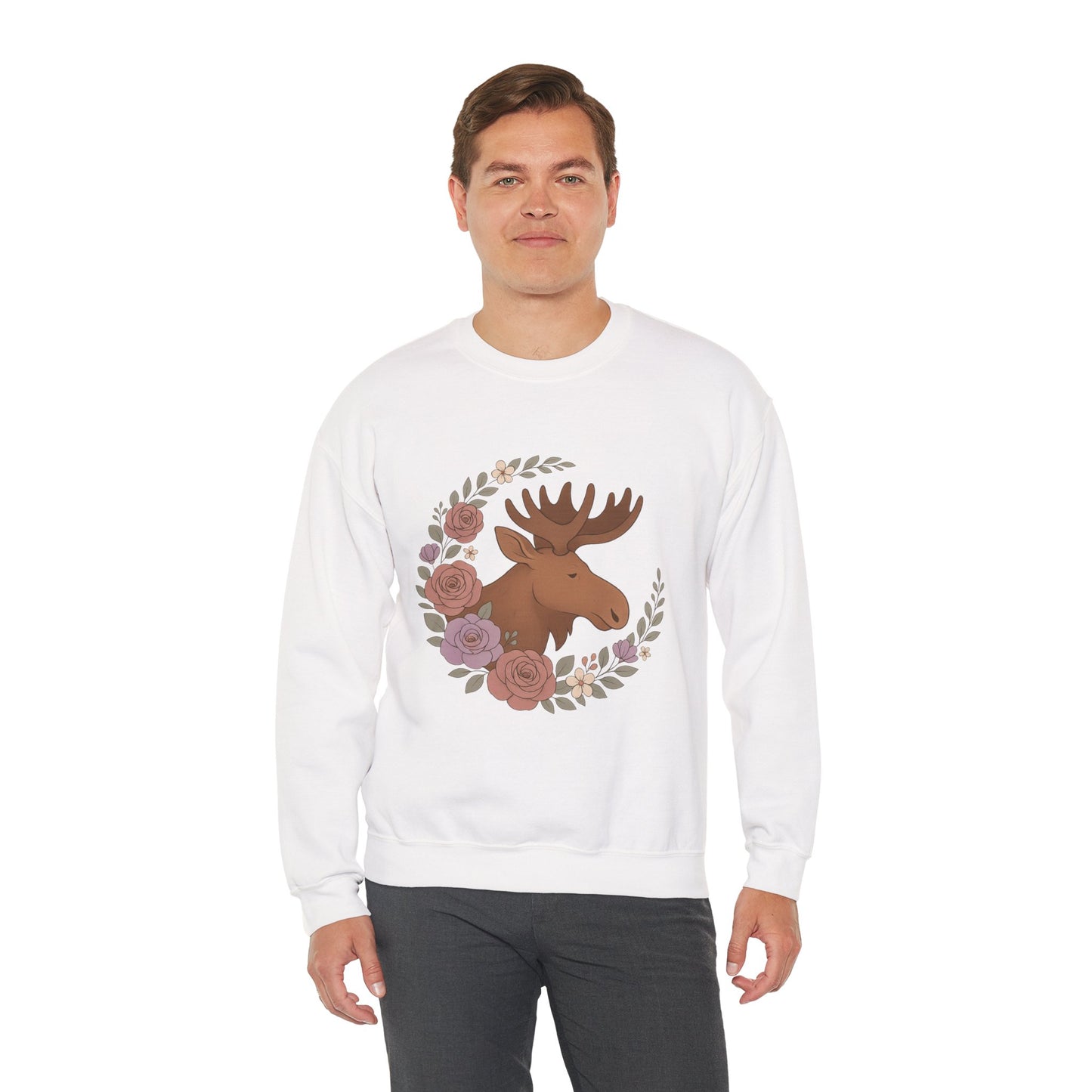 Moose Floral Crewneck Sweatshirt — Rustic Woodland Animal Sweatshirt