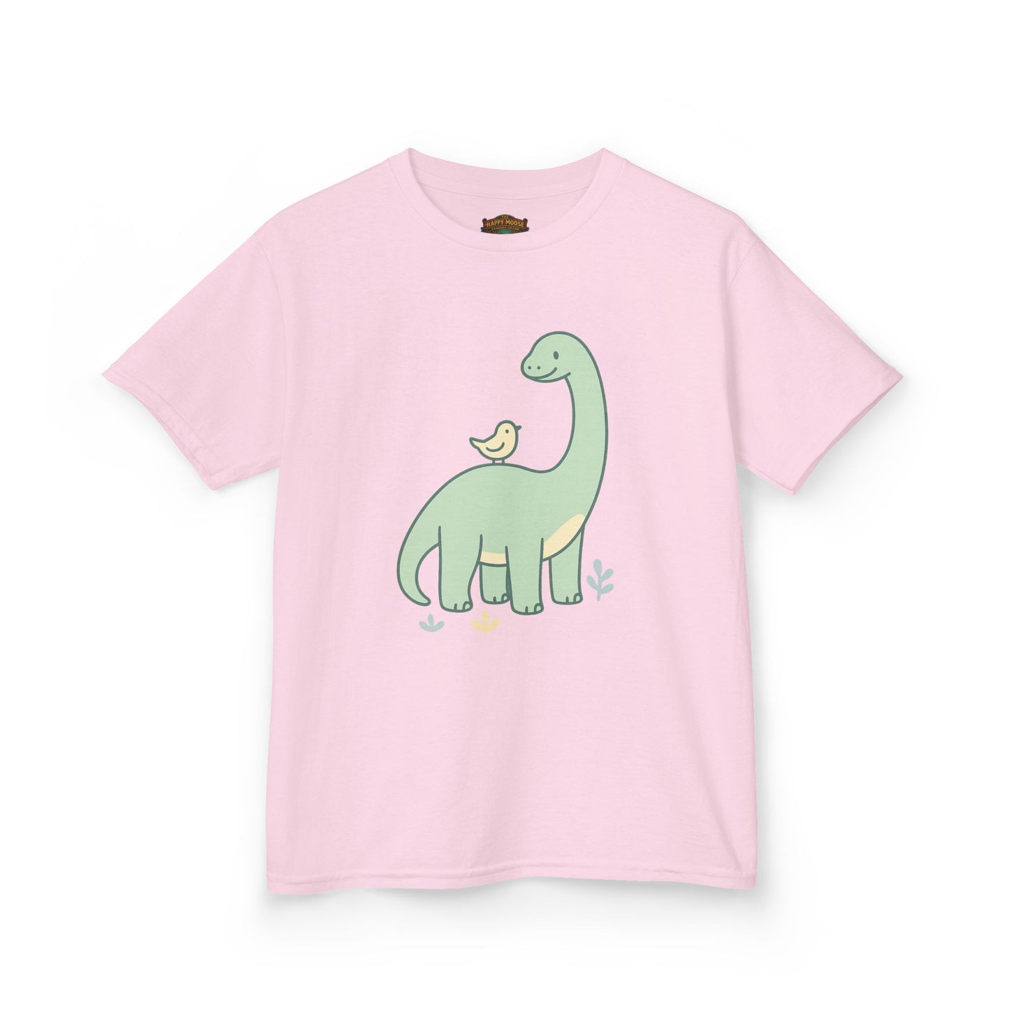 Kids Dino & Bird Tee — Cute Green Brontosaurus Graphic T‑Shirt