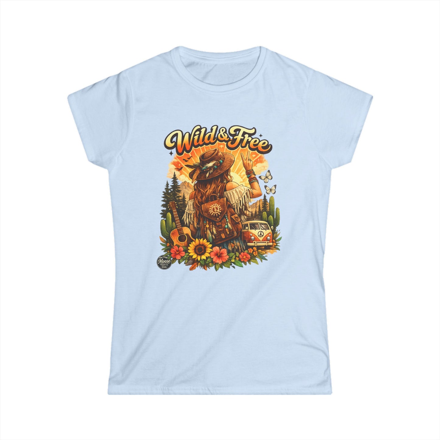 Wild & Free Women's Tee — Boho Vintage Camper T-Shirt with Sunflower & Fox Design