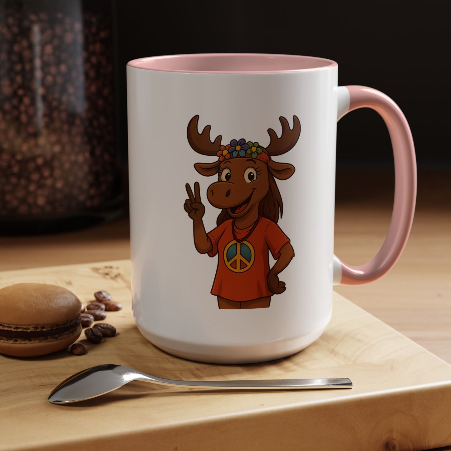 Peace Sign Moose Accent Coffee Mug — Hippie Moose with Flower Crown (11/15oz)