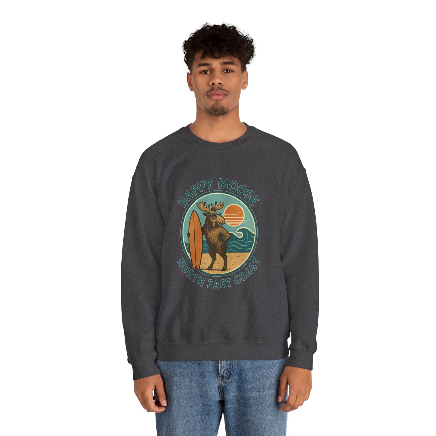 Happy Moose North East Coast Crewneck Sweatshirt — Vintage Surf Moose Graphic