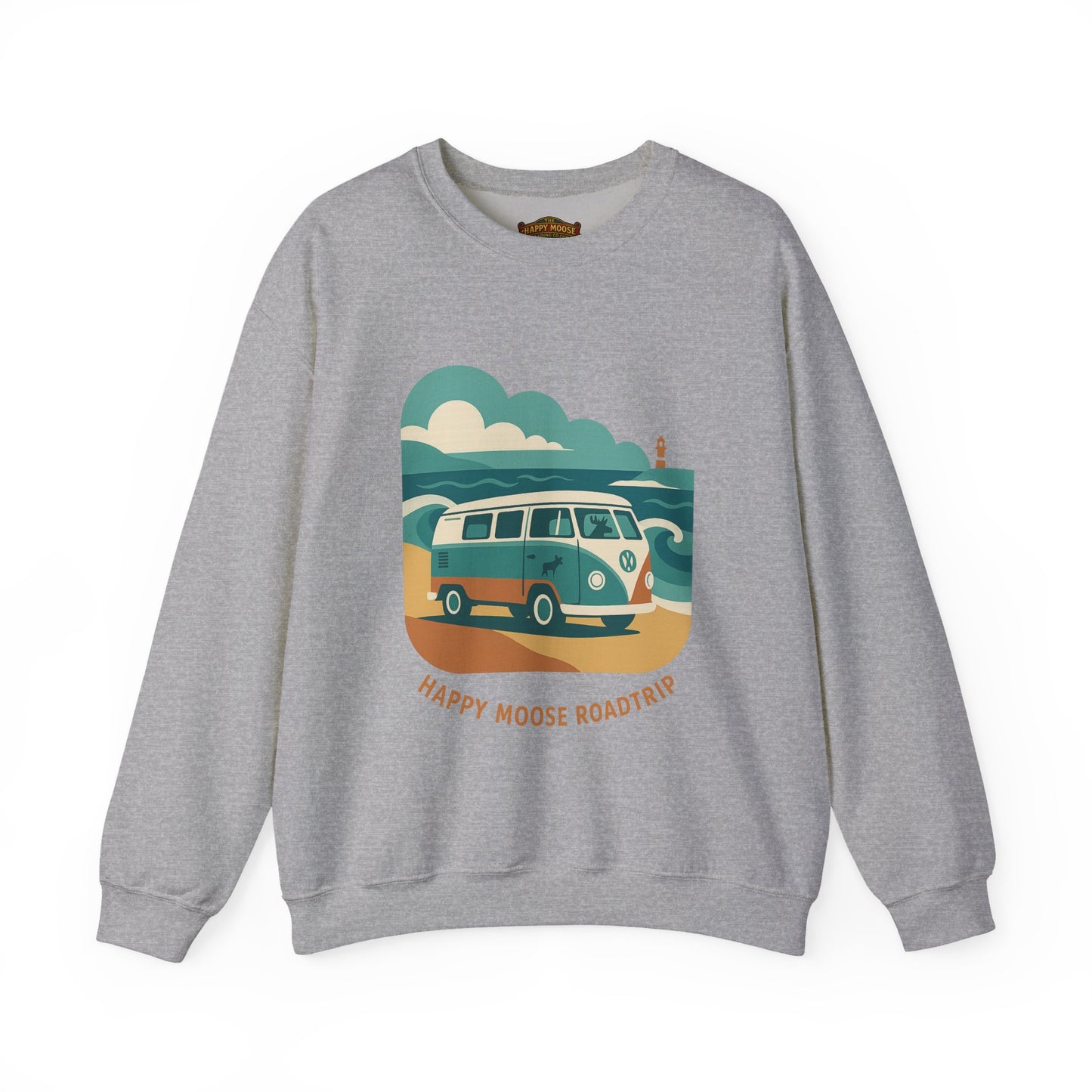Road Trip Crewneck Sweatshirt — "Happy Moose Roadtrip" Vintage Van Graphic