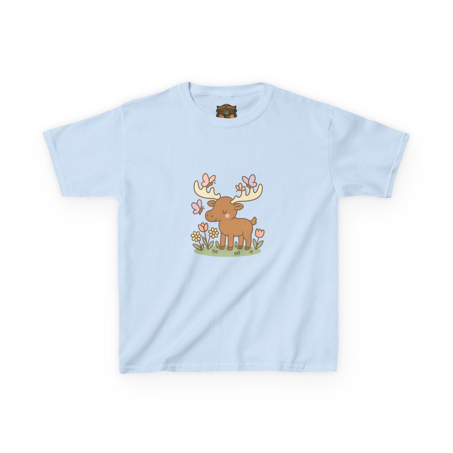 Kids T-Shirt — Cute Woodland Moose with Butterflies Kids Tee