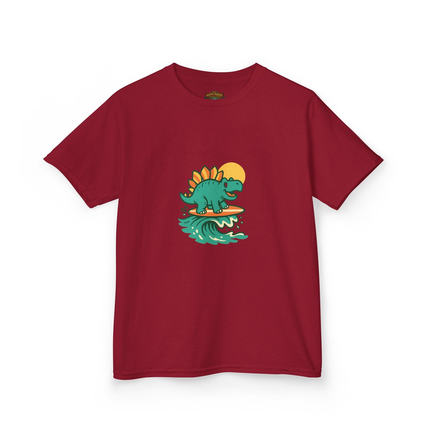 Kids Surfing Dinosaur T-Shirt — Cute Stegosaurus on Wave Graphic Tee