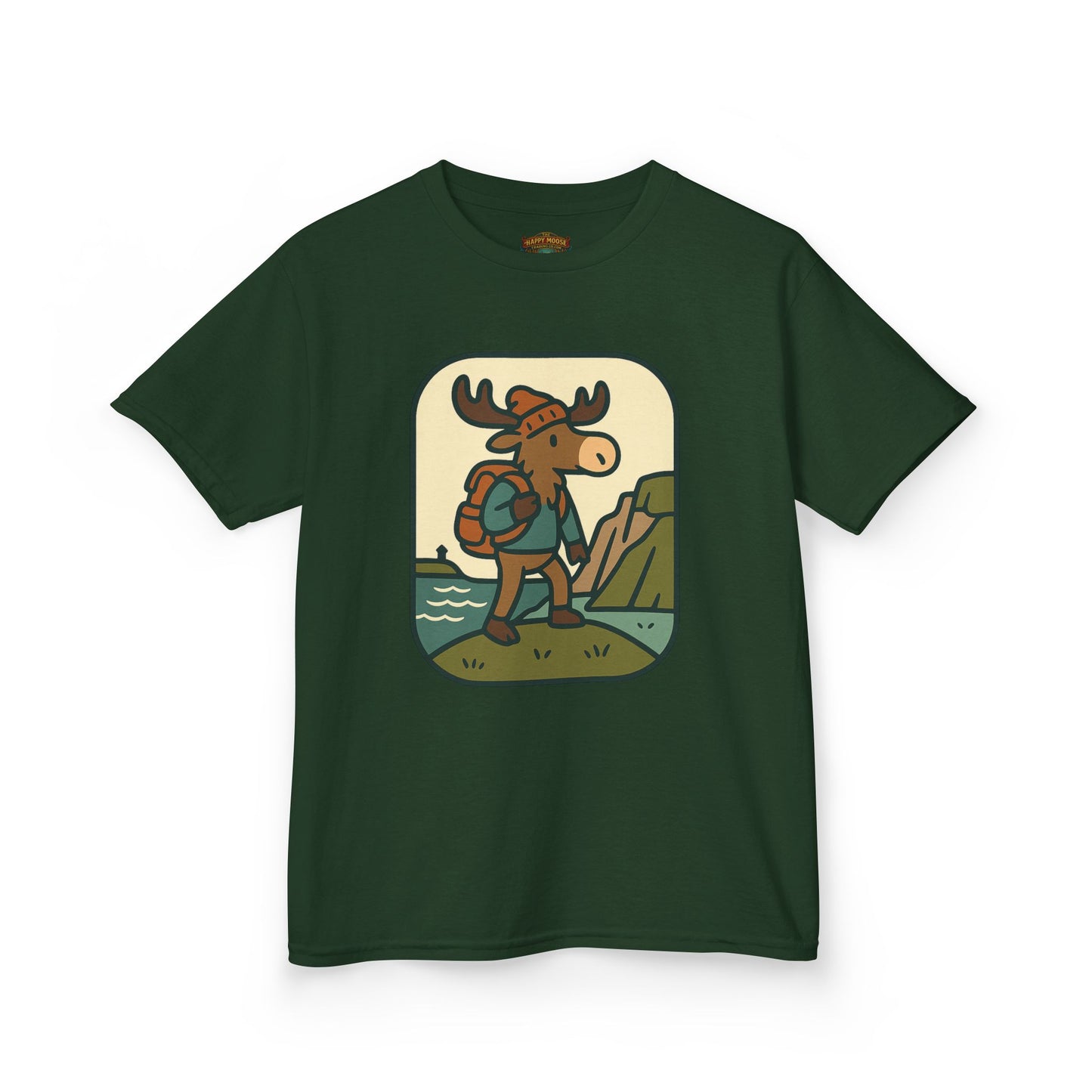 Kids Hiking Moose T‑Shirt — Cute Adventure Backpacker Tee for Boys & Girls