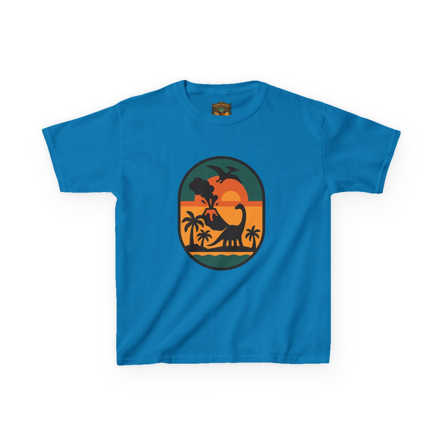 Kids T‑Shirt — Retro Tropical Dinosaur Sunset