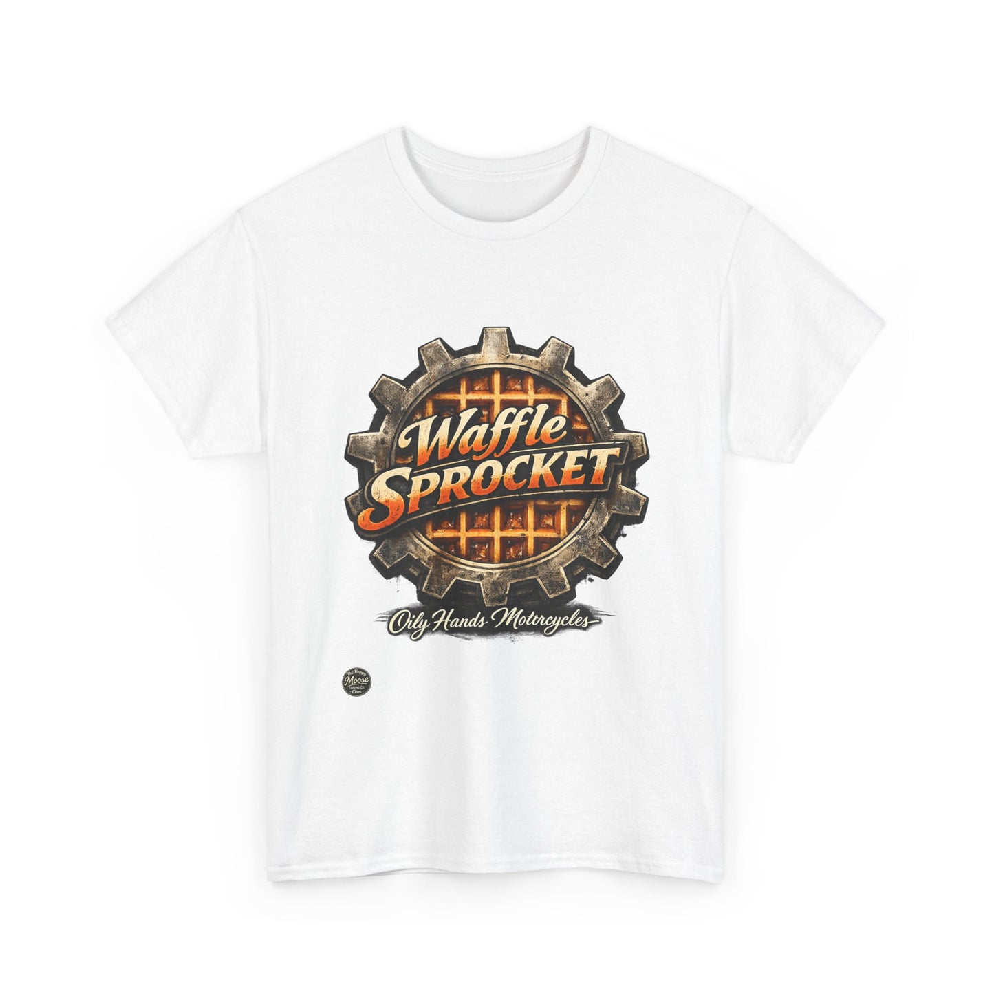 Oily Hands Waffle Sprocket Vintage Logo T-Shirt — Retro Mechanical Breakfast Tee #004 E