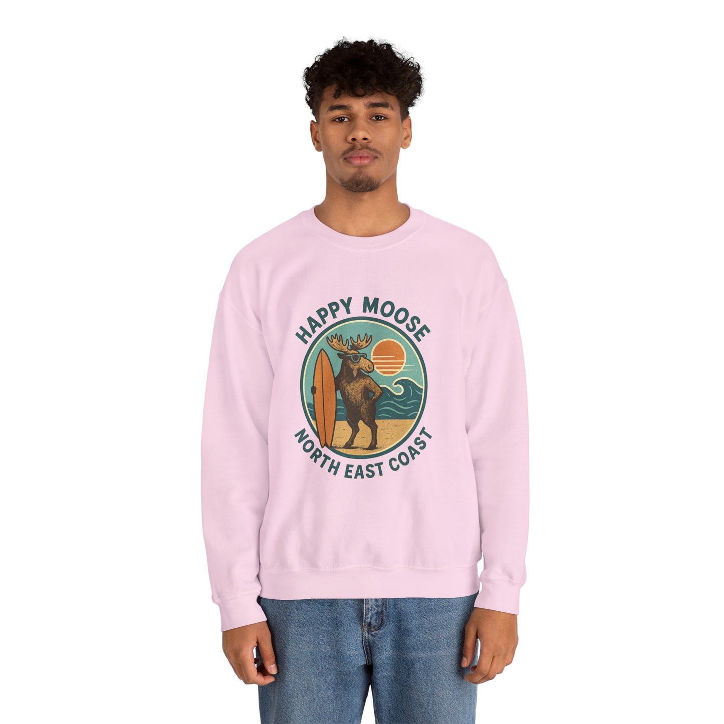 Happy Moose North East Coast Crewneck Sweatshirt — Vintage Surf Moose Graphic
