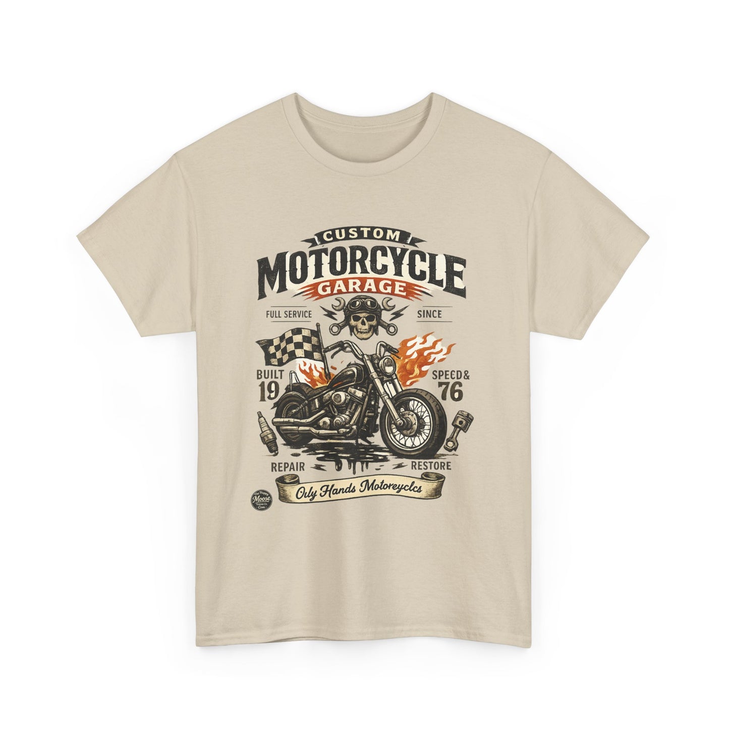 Oily Hands Motorcycle Garage Tee — Vintage Biker Skull & Chopper T-Shirt #021 E