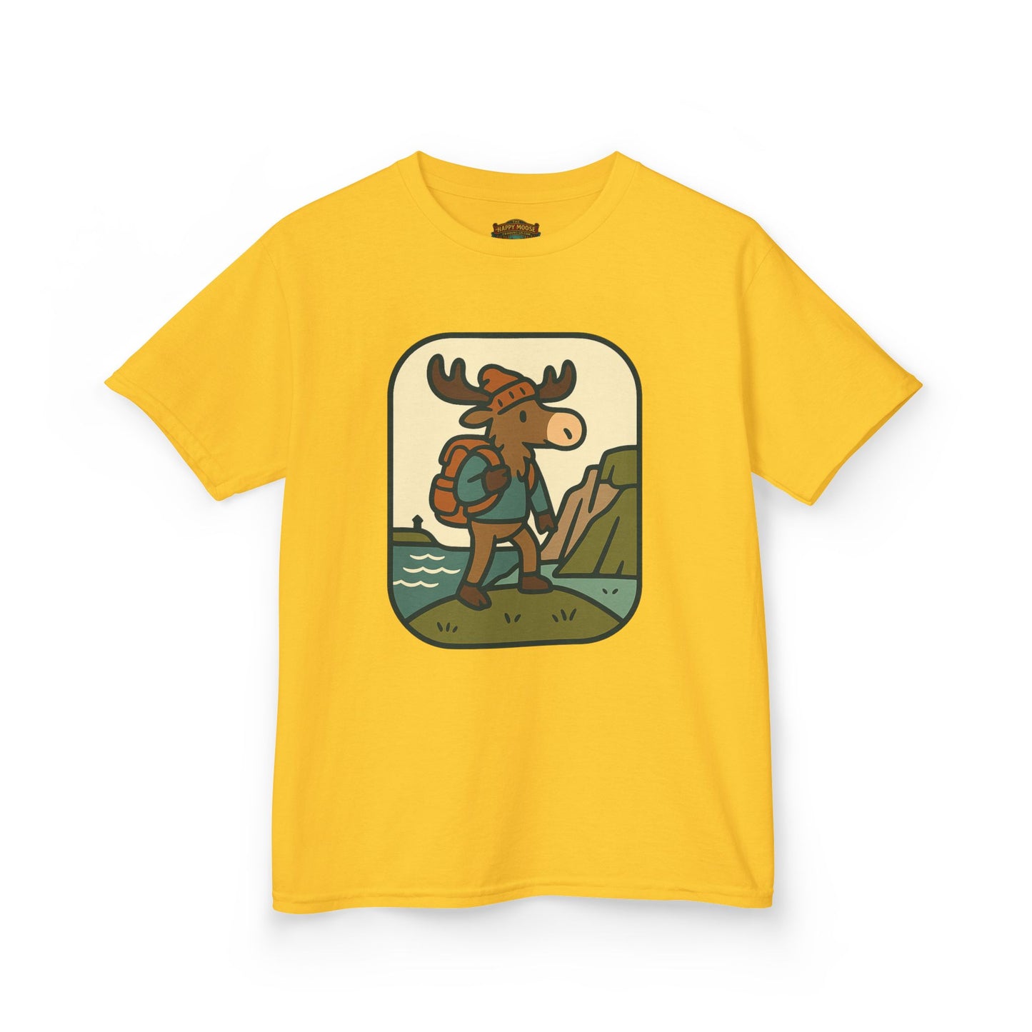 Kids Hiking Moose T‑Shirt — Cute Adventure Backpacker Tee for Boys & Girls