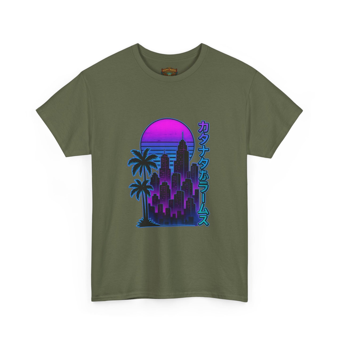 Retro Vaporwave Tee — Neon Sunset City with Palm Trees & Japanese Text