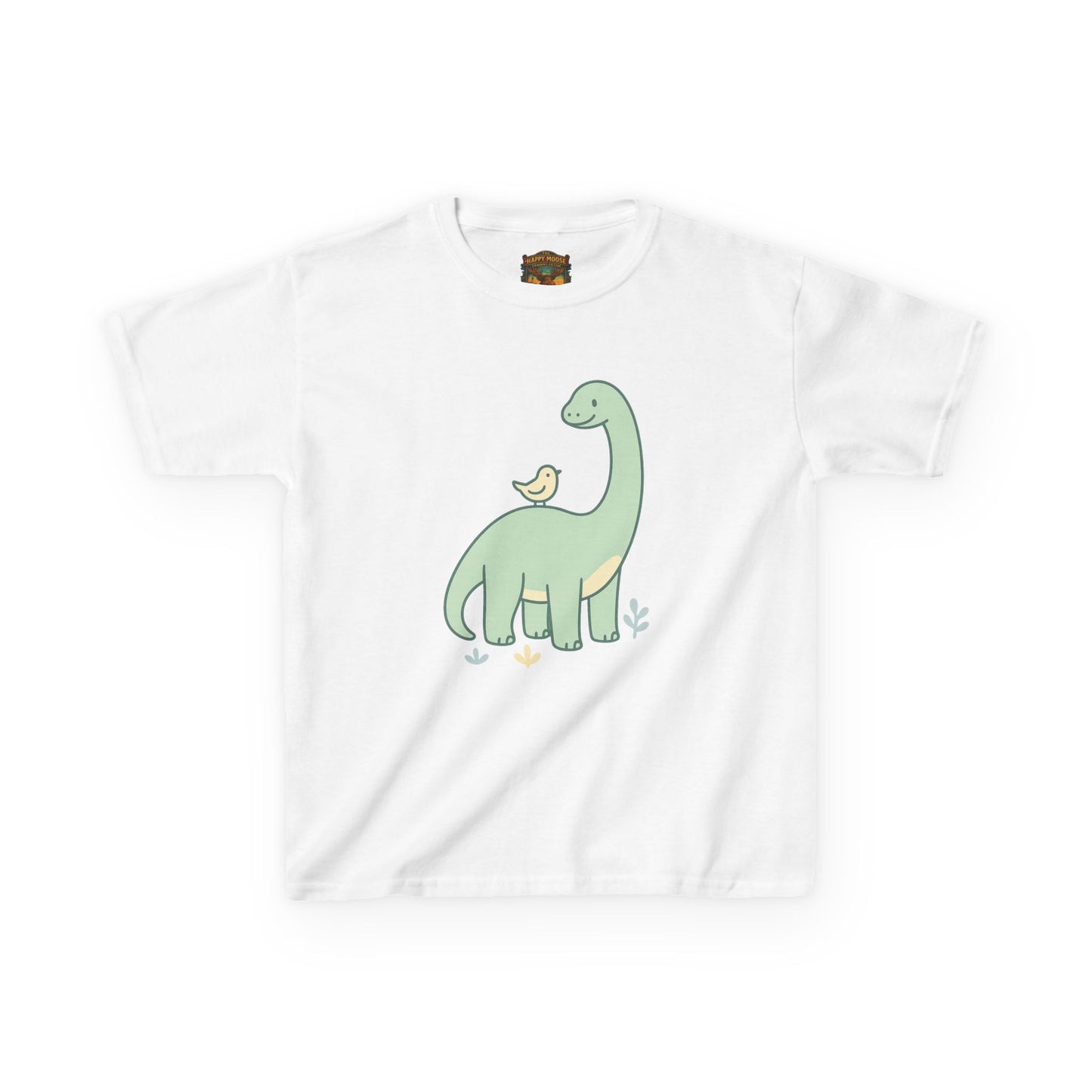 Kids Dino & Bird Tee — Cute Green Brontosaurus Graphic T‑Shirt