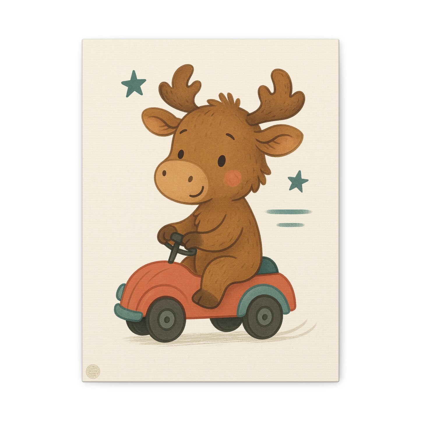 Cute Moose on Toy Car Canvas Print — Nursery Wall Art