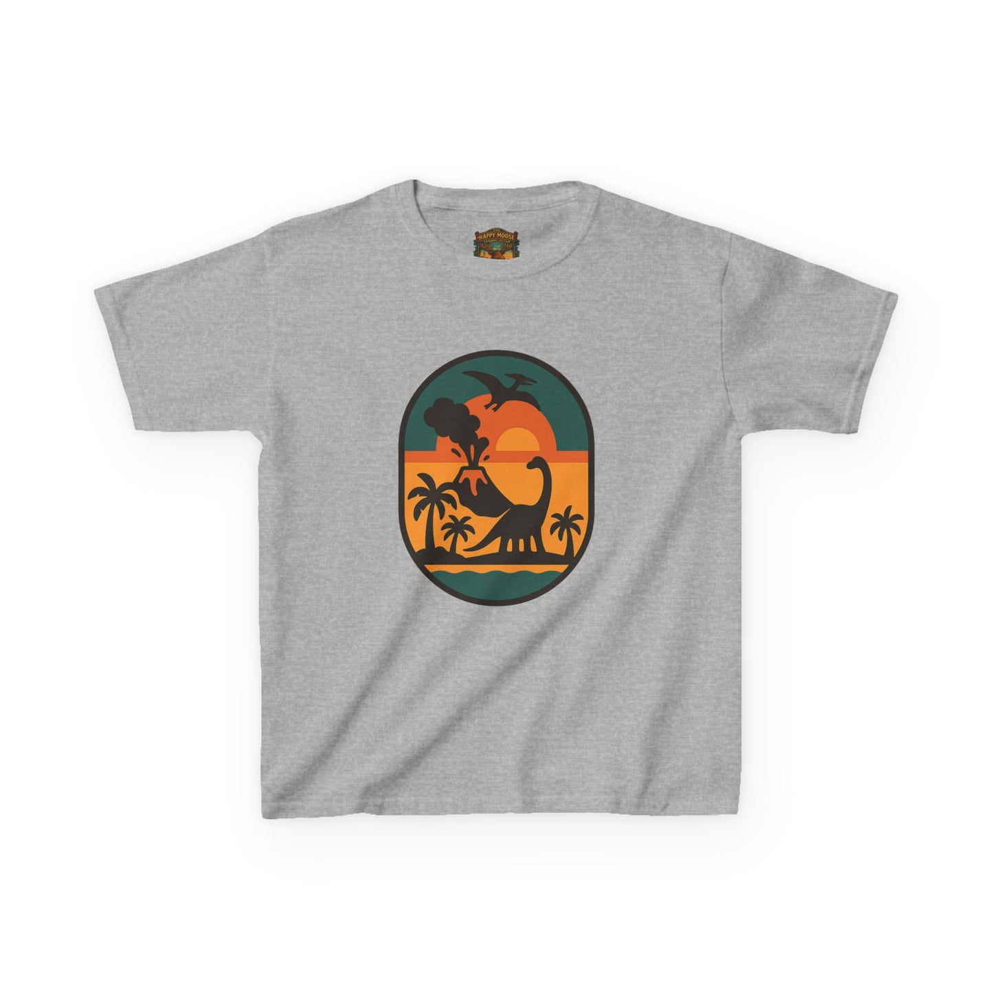 Kids T‑Shirt — Retro Tropical Dinosaur Sunset