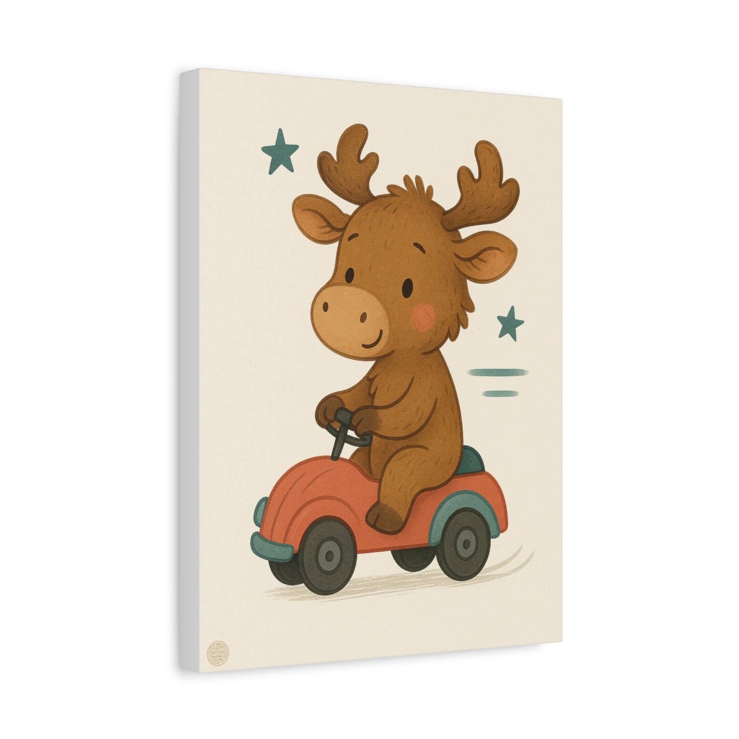 Cute Moose on Toy Car Canvas Print — Nursery Wall Art